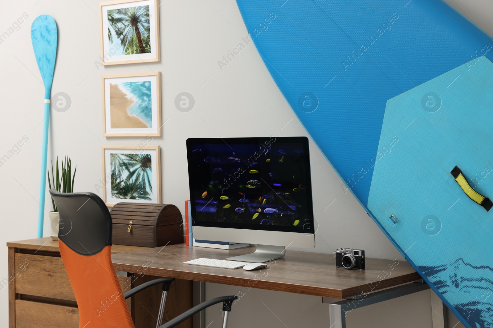 Photo of Stylish workplace with modern computer and SUP board near light wall in room. Interior design