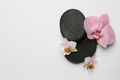 Photo of Spa stones and beautiful flowers on white background. Space for text