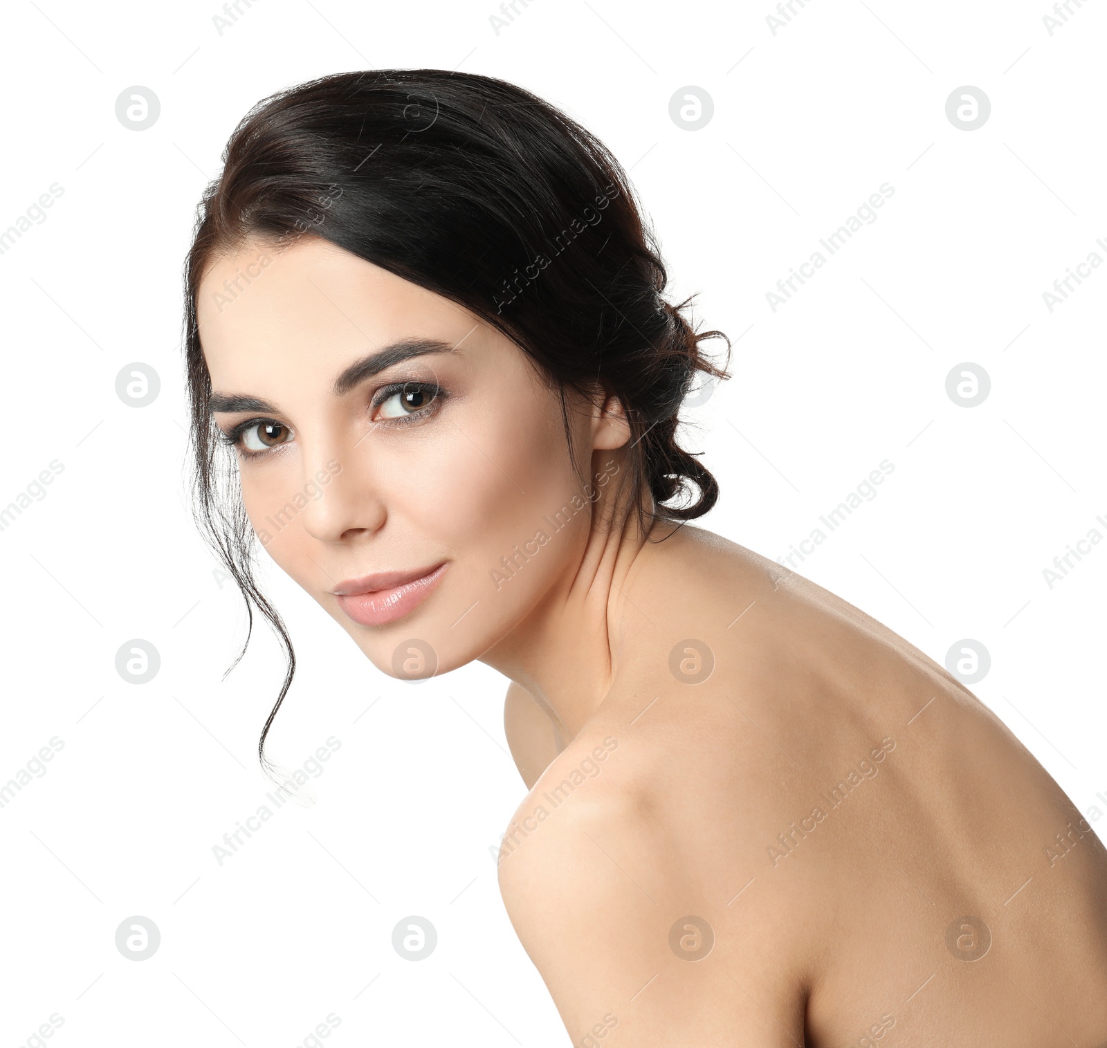 Photo of Portrait of young woman with beautiful hair on white background