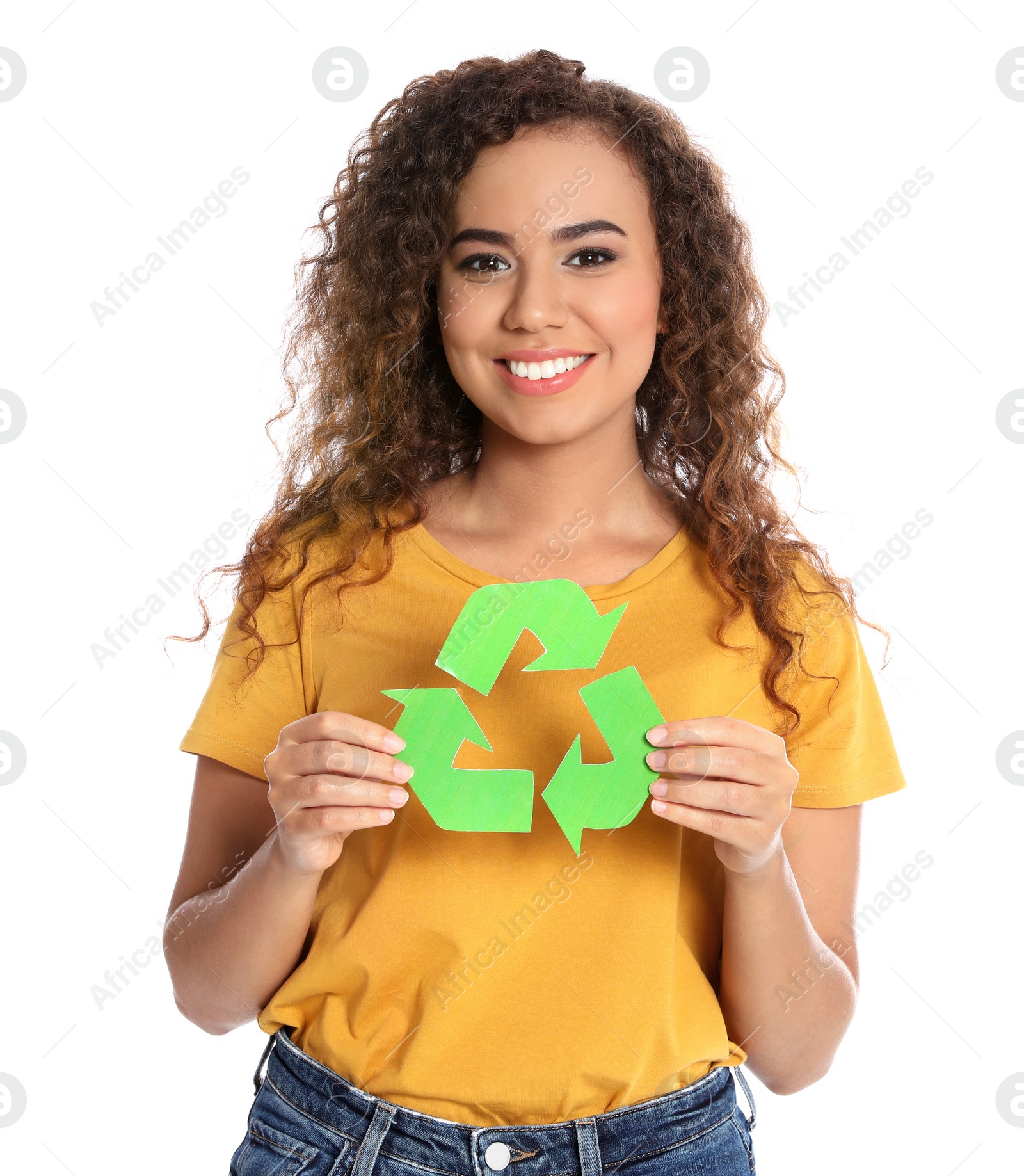 Photo of Young African-American woman with recycling symbol on white background