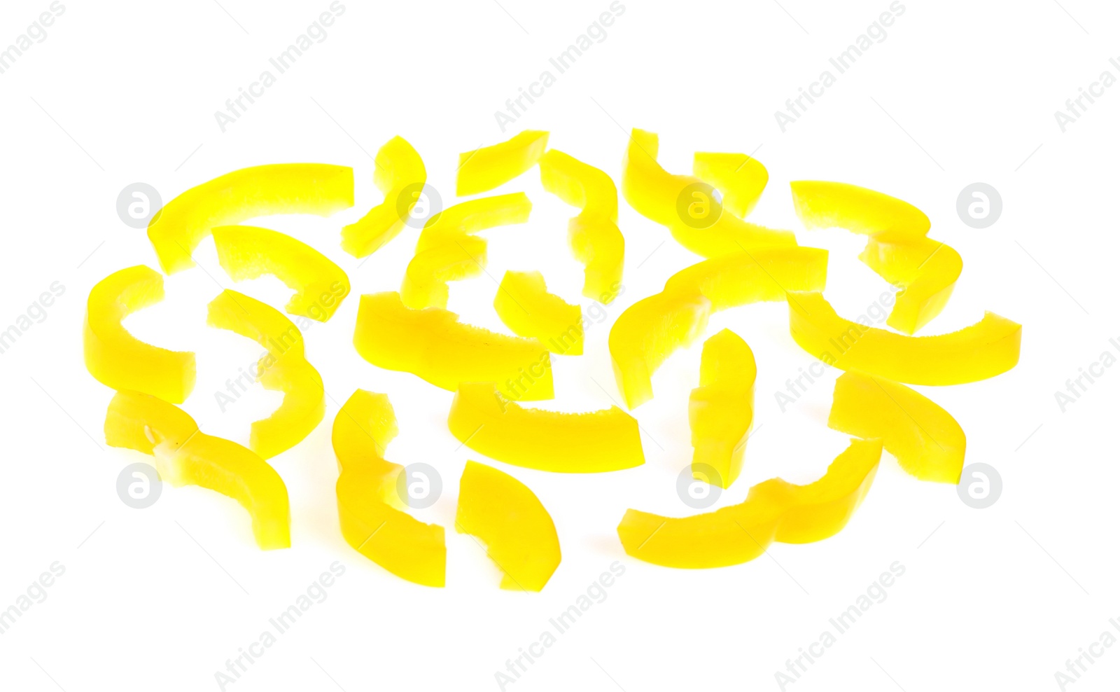 Photo of Slices of ripe bell pepper on white background. Layer for pizza