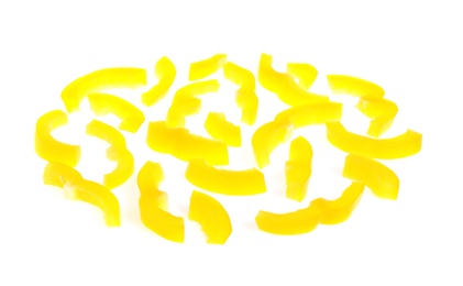 Slices of ripe bell pepper on white background. Layer for pizza