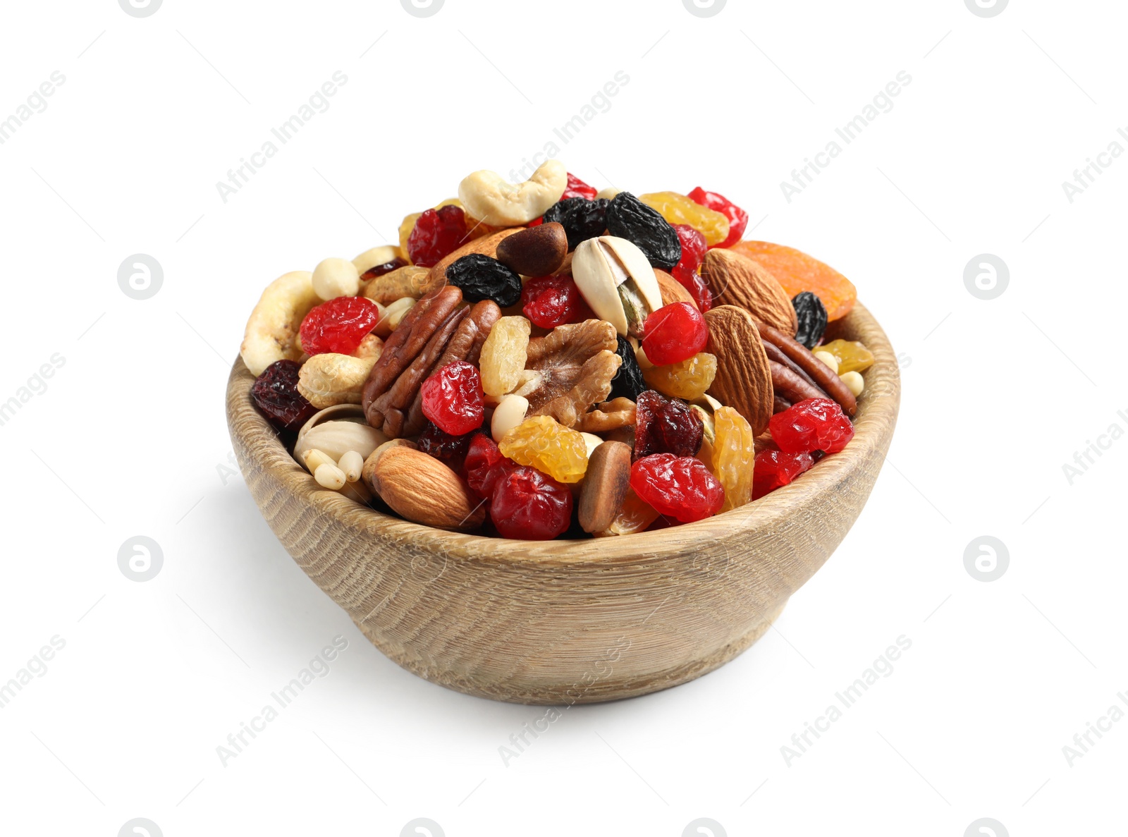 Photo of Bowl with different dried fruits and nuts on white background