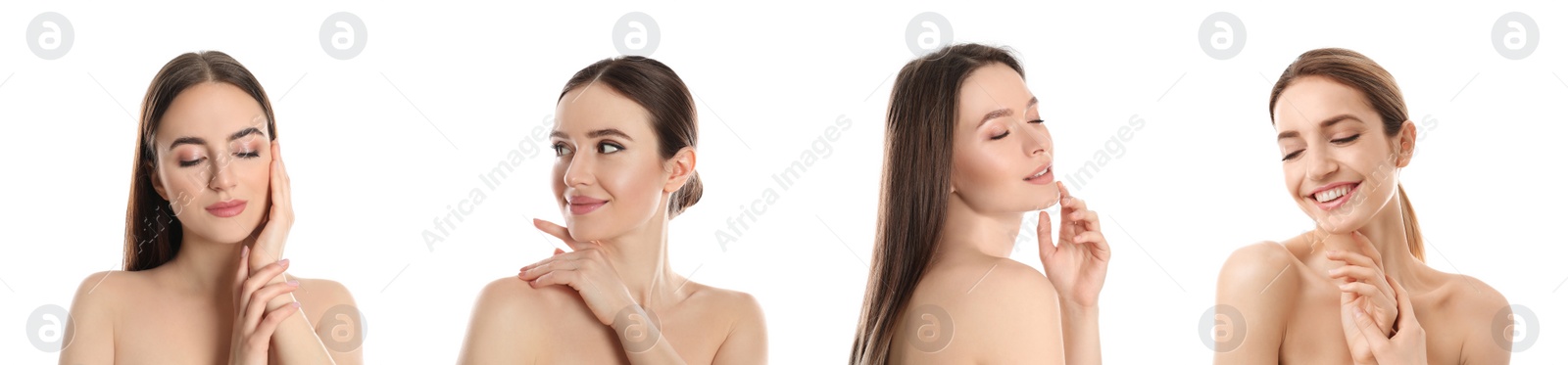 Image of Young beautiful women with perfect skin on white background, collage of portraits. Banner design