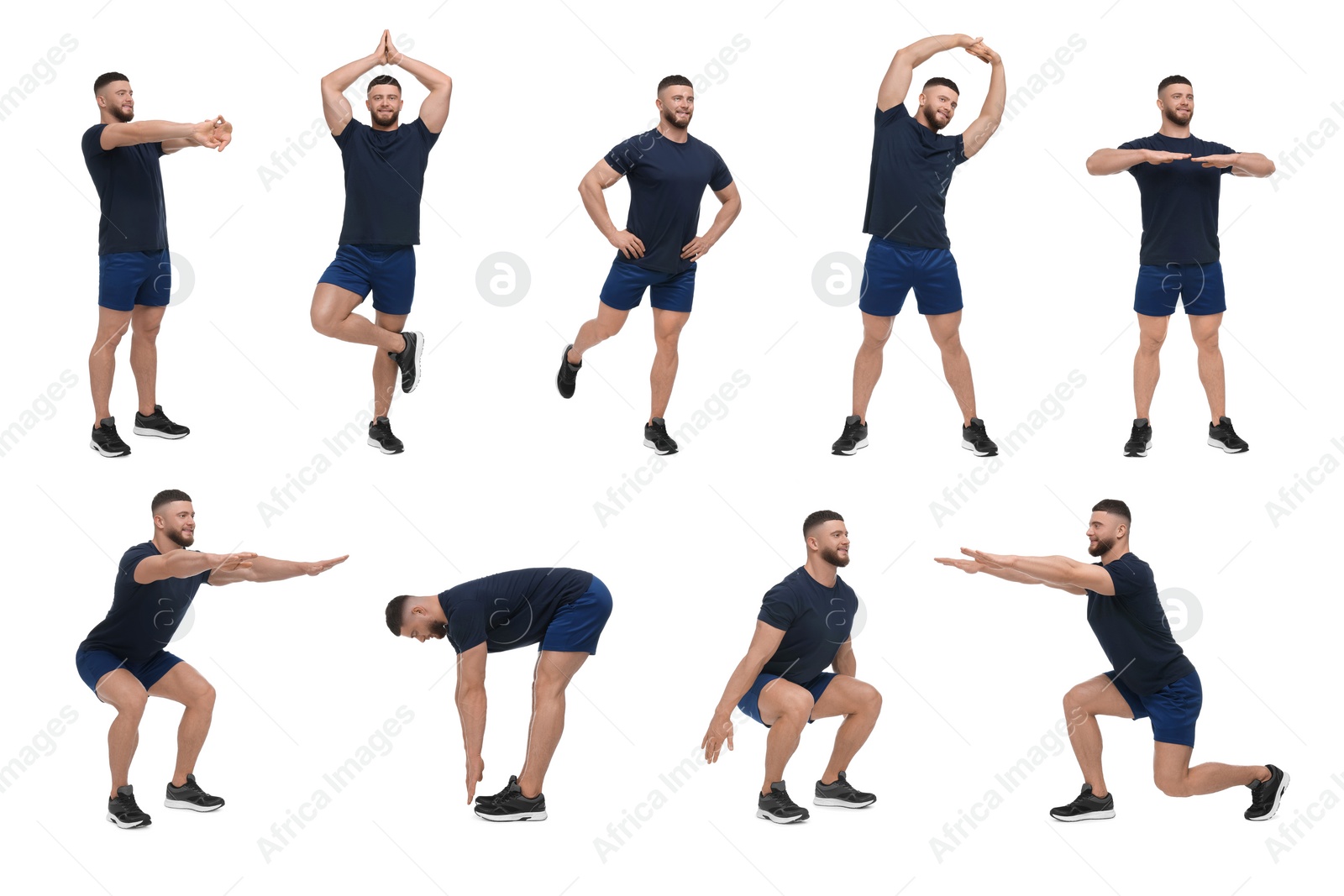 Image of Young man doing morning exercises on white background, collage design