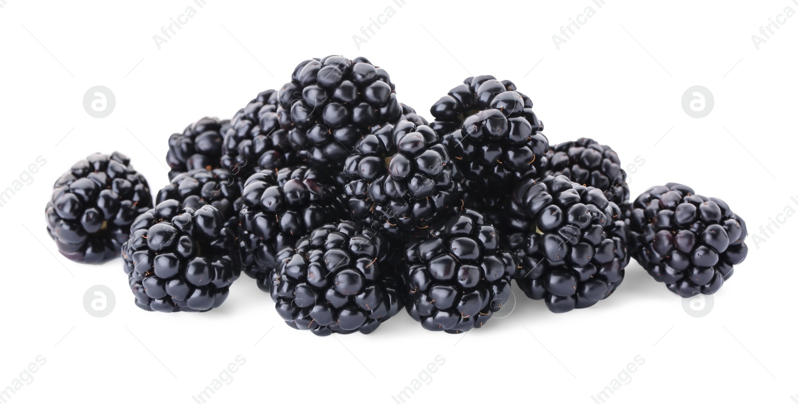 Photo of Many tasty ripe blackberries on white background