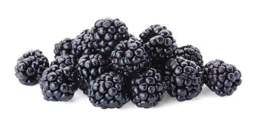 Many tasty ripe blackberries on white background