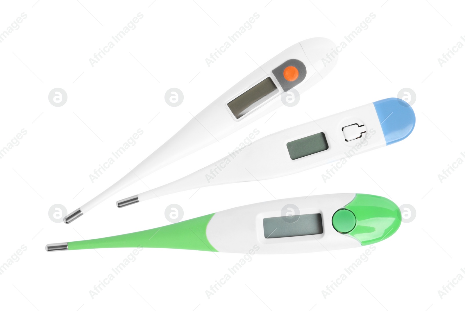 Photo of Modern digital thermometers on white background, top view