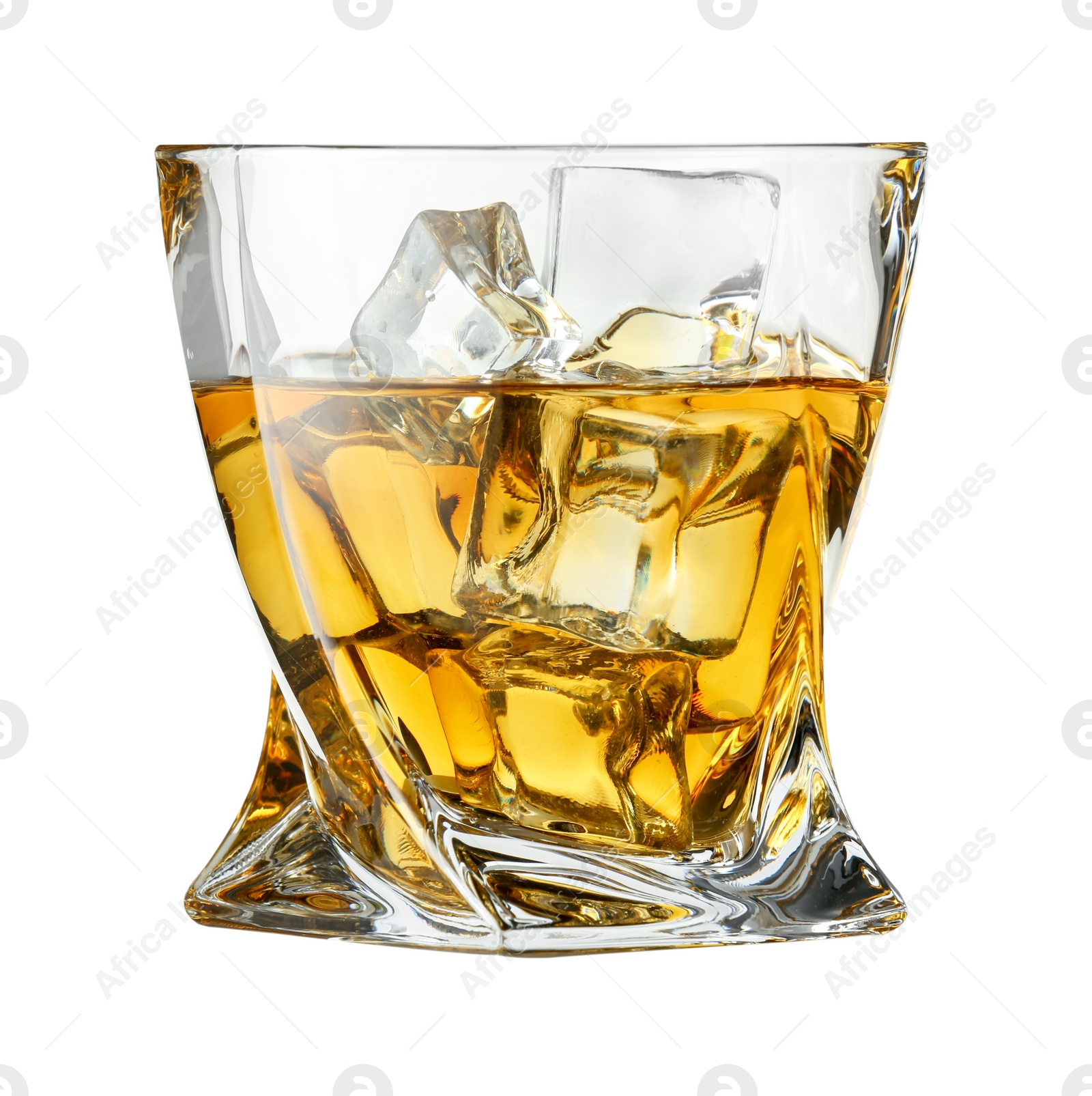 Photo of Whiskey and ice cubes in glass isolated on white