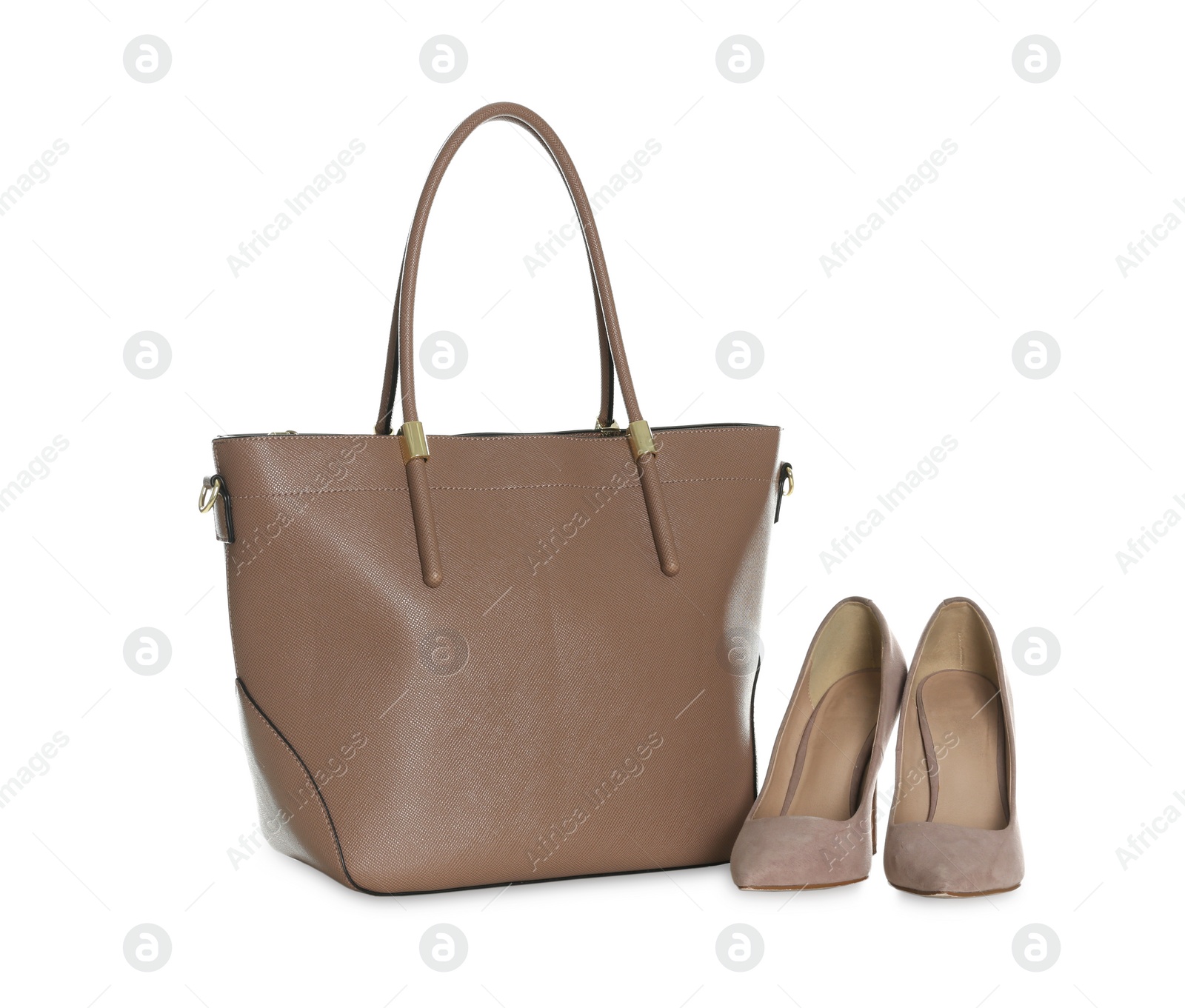 Photo of Stylish woman's bag and shoes isolated on white