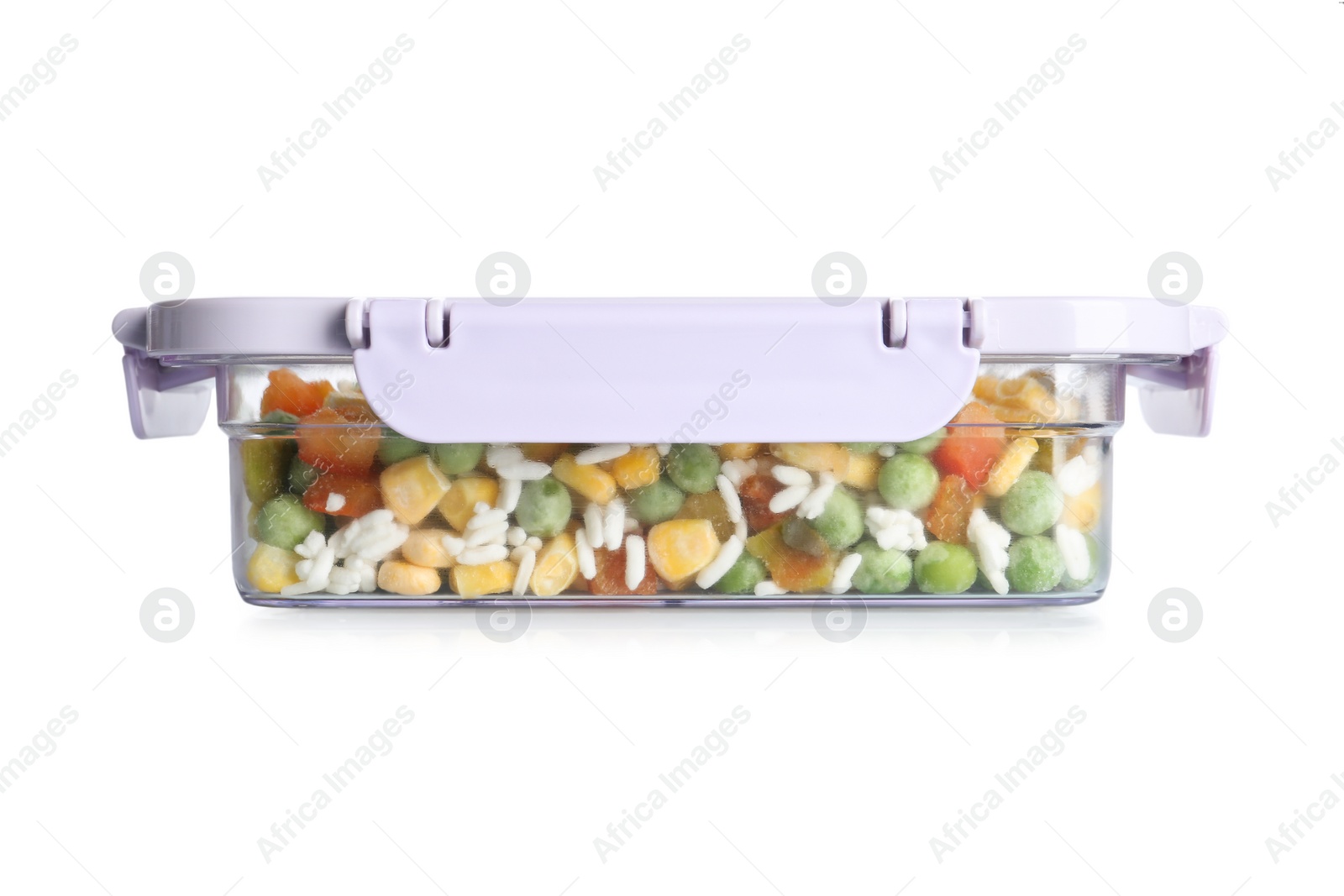 Photo of Vegetable mix with rice in box on white background