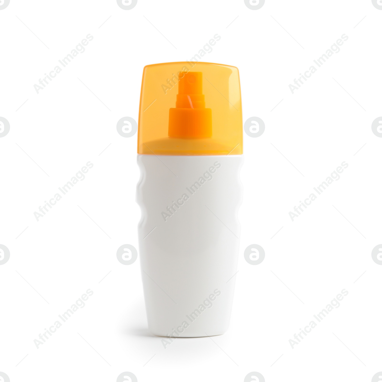 Photo of Bottle with sun protection body cream on white background