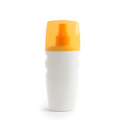 Photo of Bottle with sun protection body cream on white background