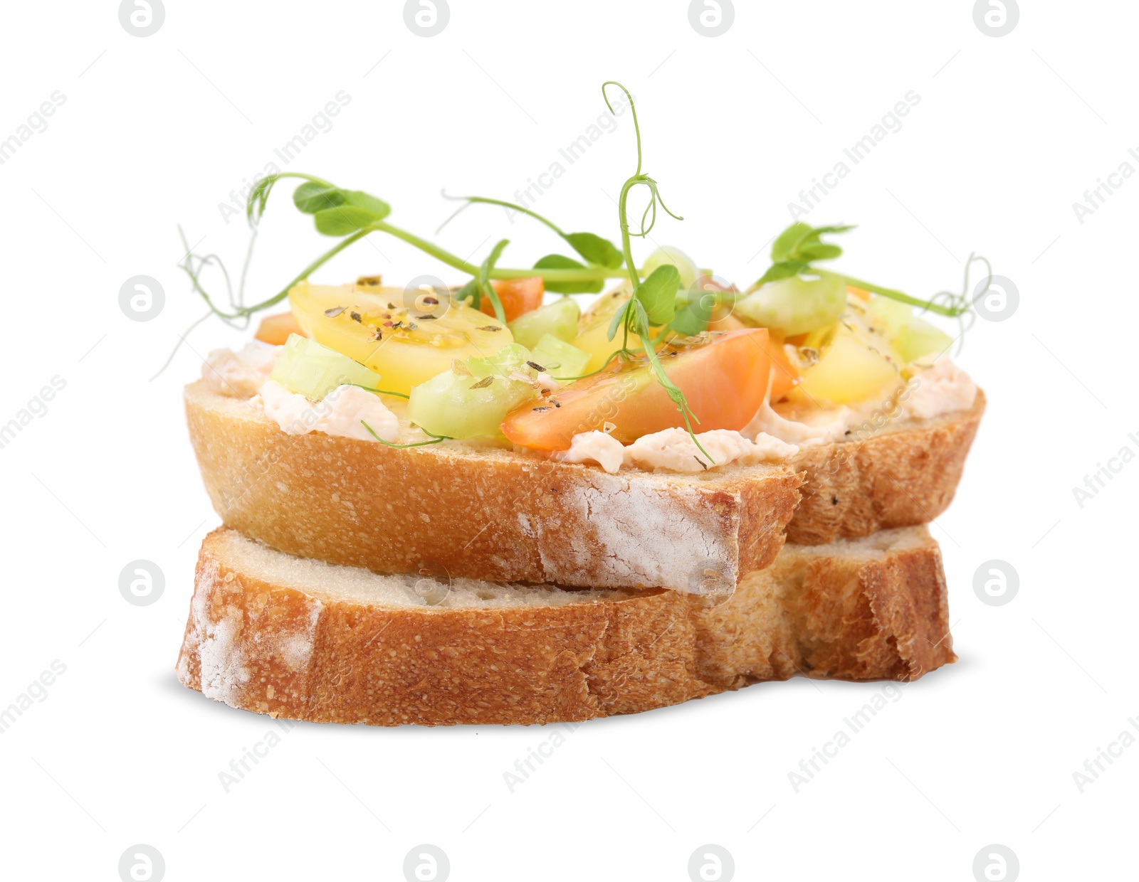 Photo of Tasty vegan sandwich with tomatoes, celery and microgreens isolated on white