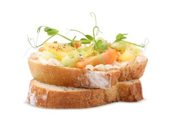 Tasty vegan sandwich with tomatoes, celery and microgreens isolated on white