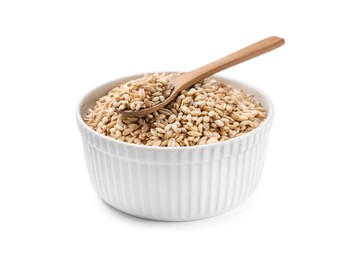 Dry pearl barley in bowl and spoon isolated on white