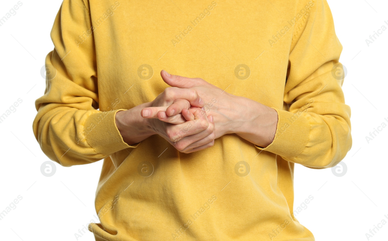 Photo of Woman cracking her knuckles on white background, closeup. Bad habit