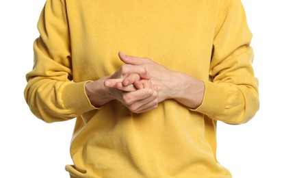 Photo of Woman cracking her knuckles on white background, closeup. Bad habit