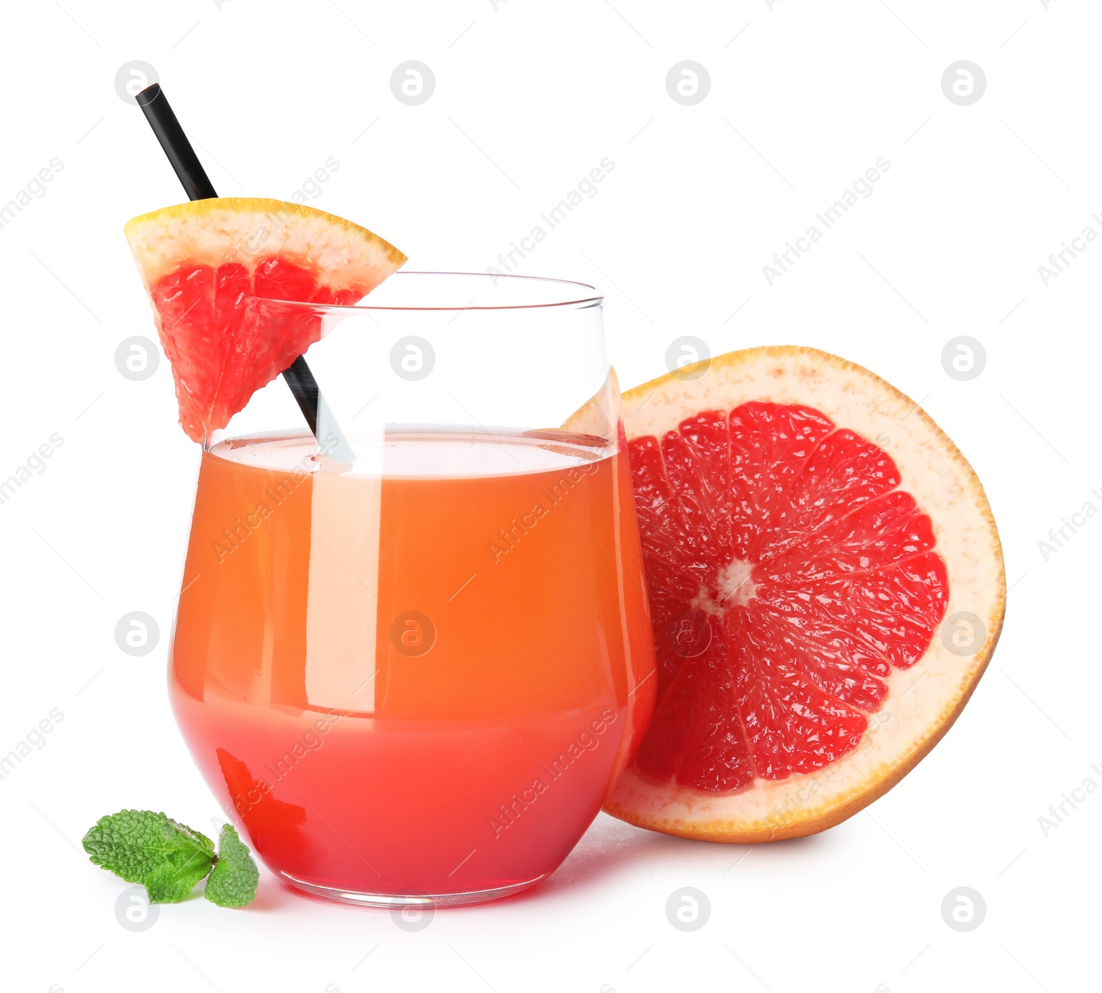 Photo of Glass of tasty cocktail and grapefruit half isolated on white