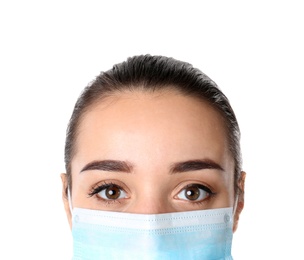 Photo of Young medical student with face mask on white background, closeup