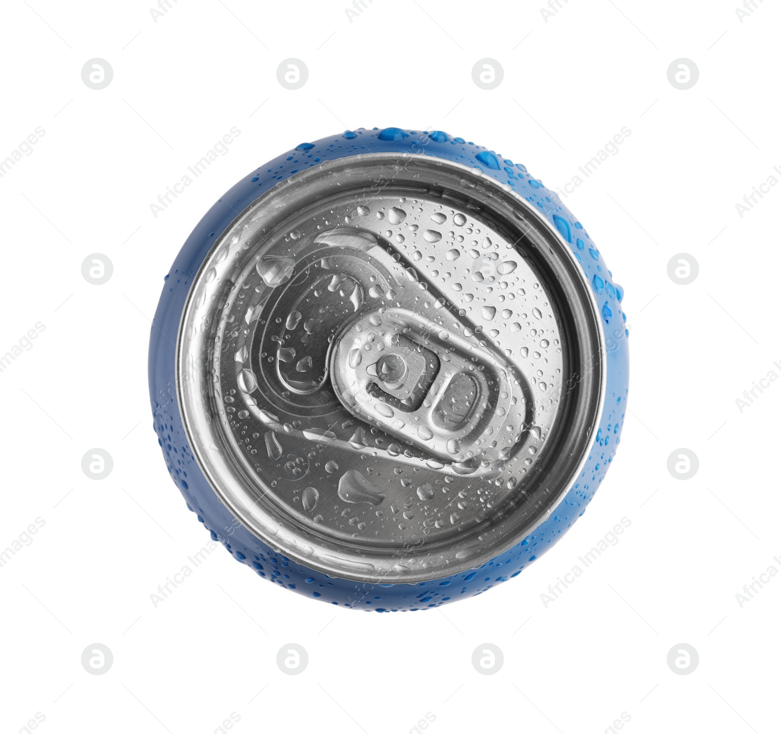 Photo of Aluminum can with water drops isolated on white, top view