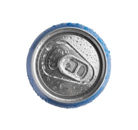 Photo of Aluminum can with water drops isolated on white, top view