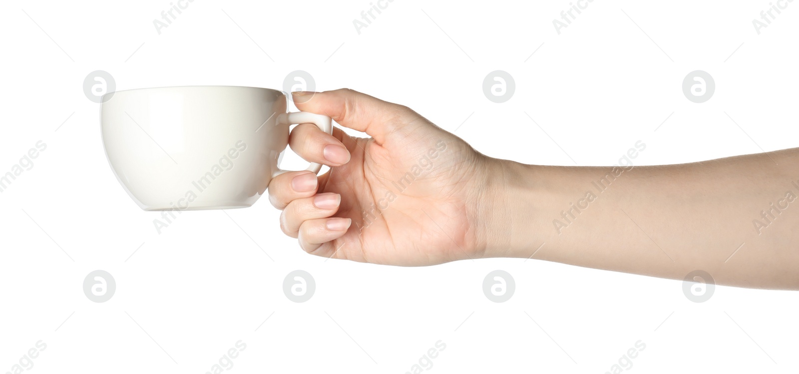 Photo of Woman holding cup on white background, closeup