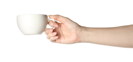 Photo of Woman holding cup on white background, closeup