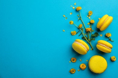 Photo of Flat lay composition with yellow macarons and flowers on light blue background. Space for text