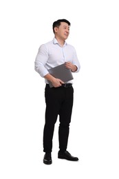 Photo of Businessman in formal clothes with laptop on white background