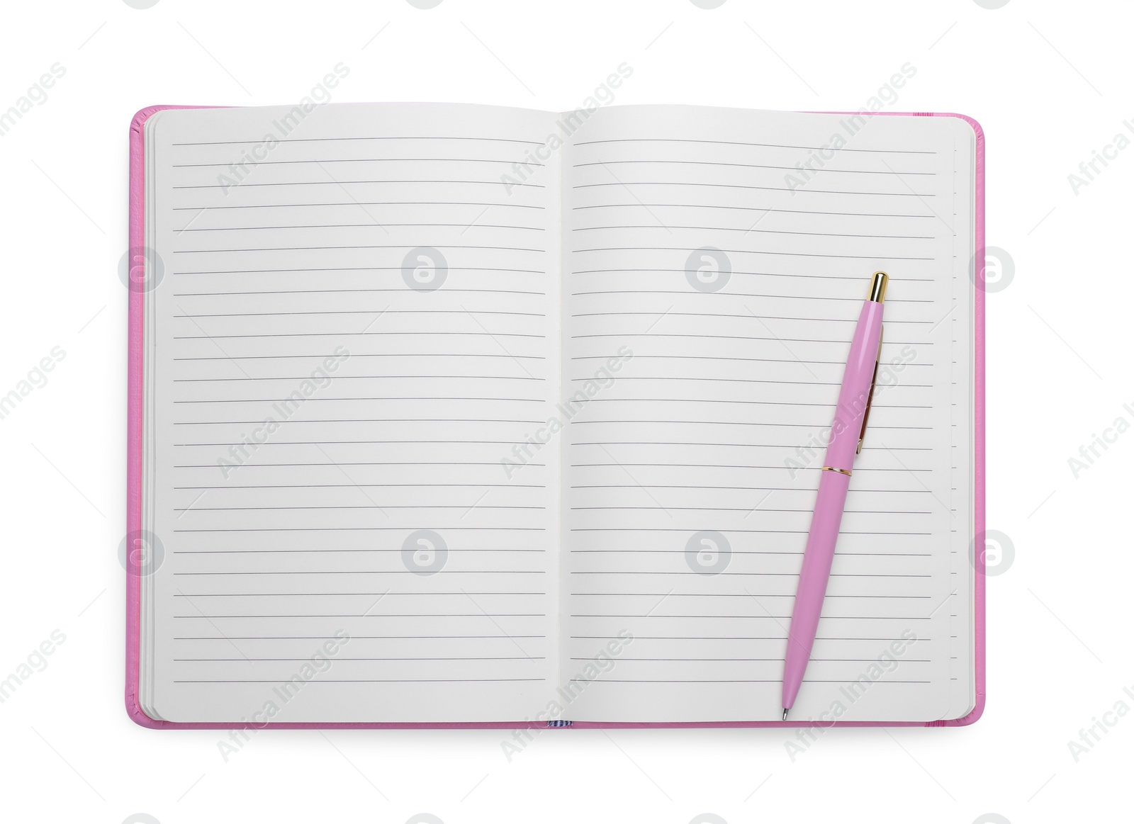 Photo of Open blank office notebook and pen isolated on white, top view