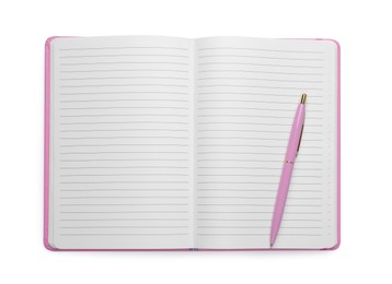 Photo of Open blank office notebook and pen isolated on white, top view