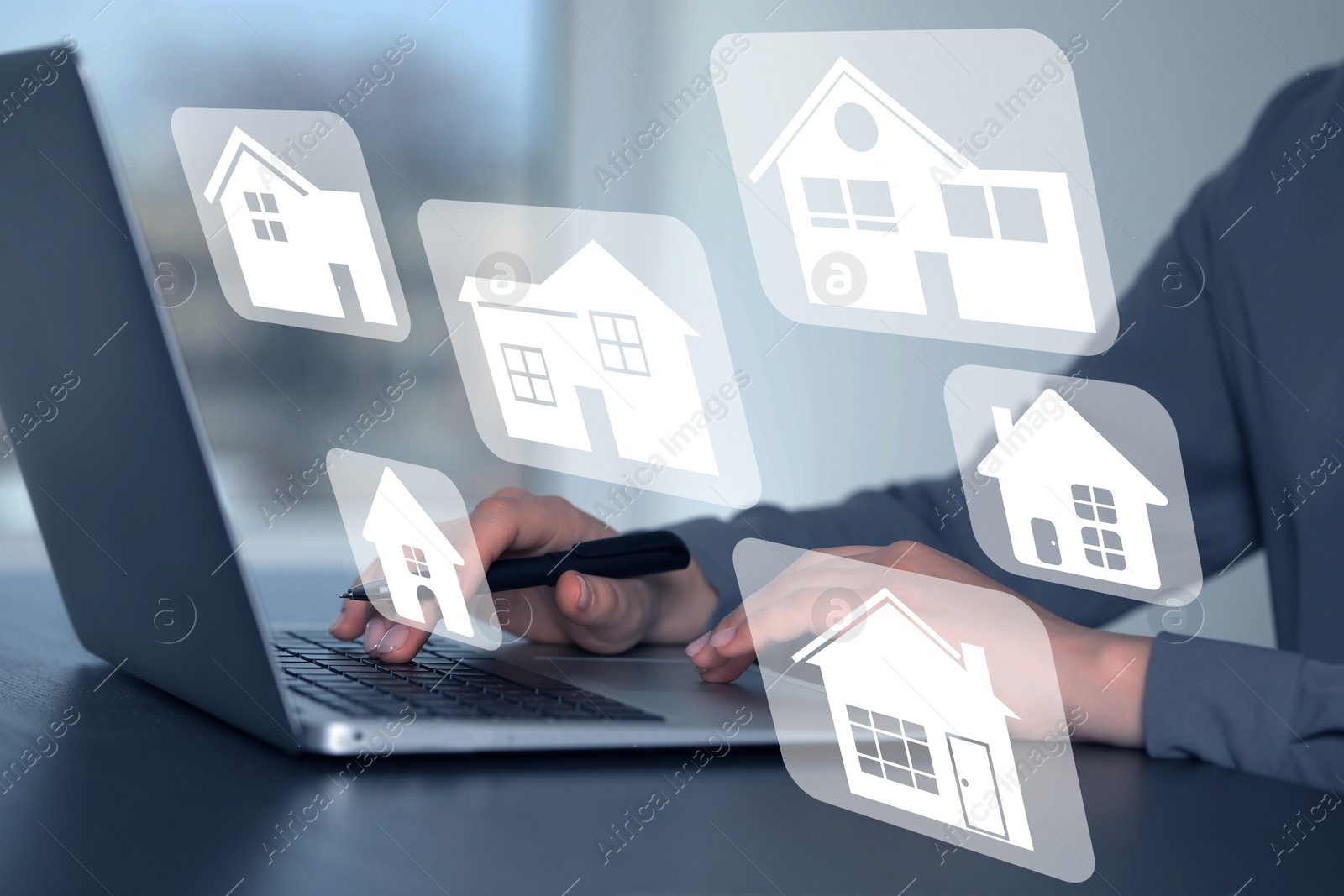 Image of House search. Man choosing home via laptop at table, closeup. Illustrations of different buildings as real estate variations