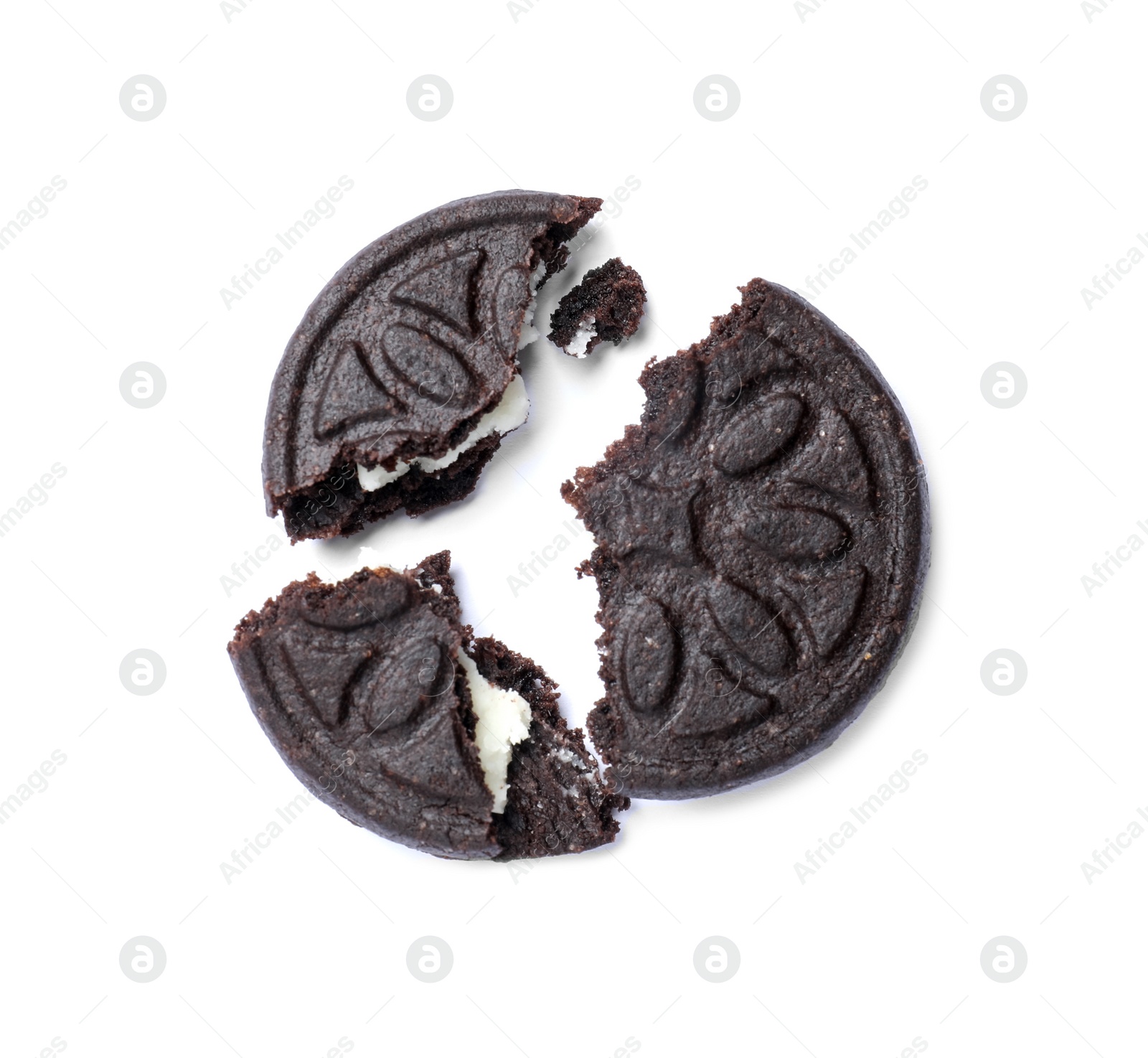 Photo of Pieces of tasty sandwich cookie isolated on white, top view