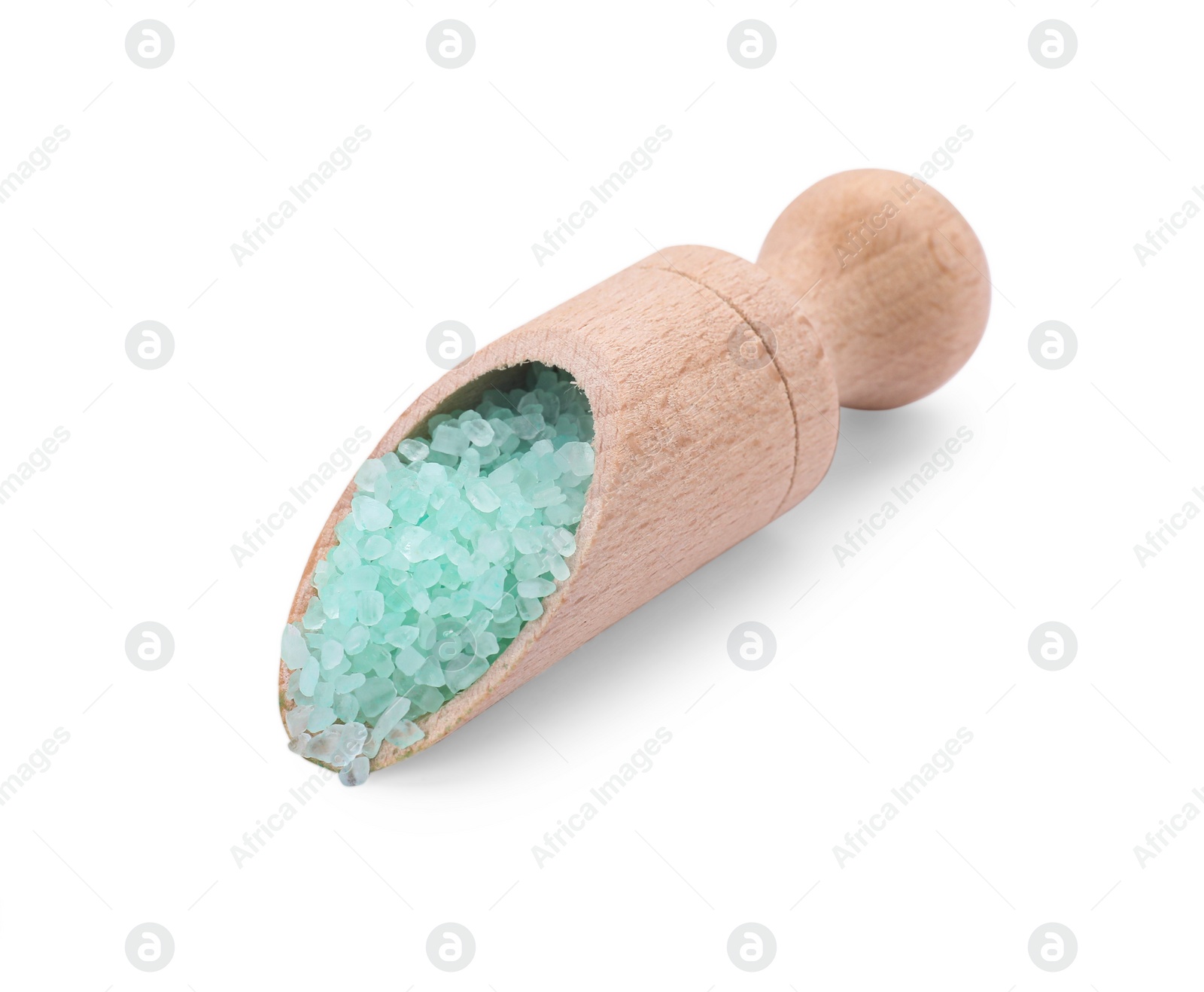 Photo of Wooden scoop with turquoise sea salt isolated on white