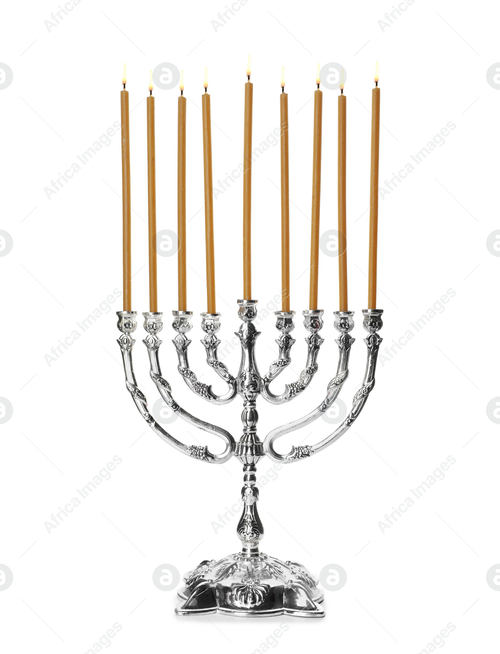 Photo of Hanukkah menorah with candles on white background