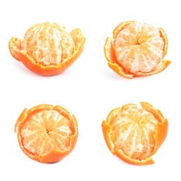 Set of fresh ripe tangerines on white background