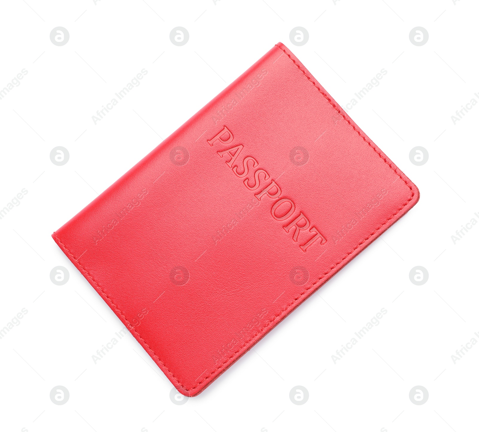 Photo of Passport in red leather case isolated on white, top view