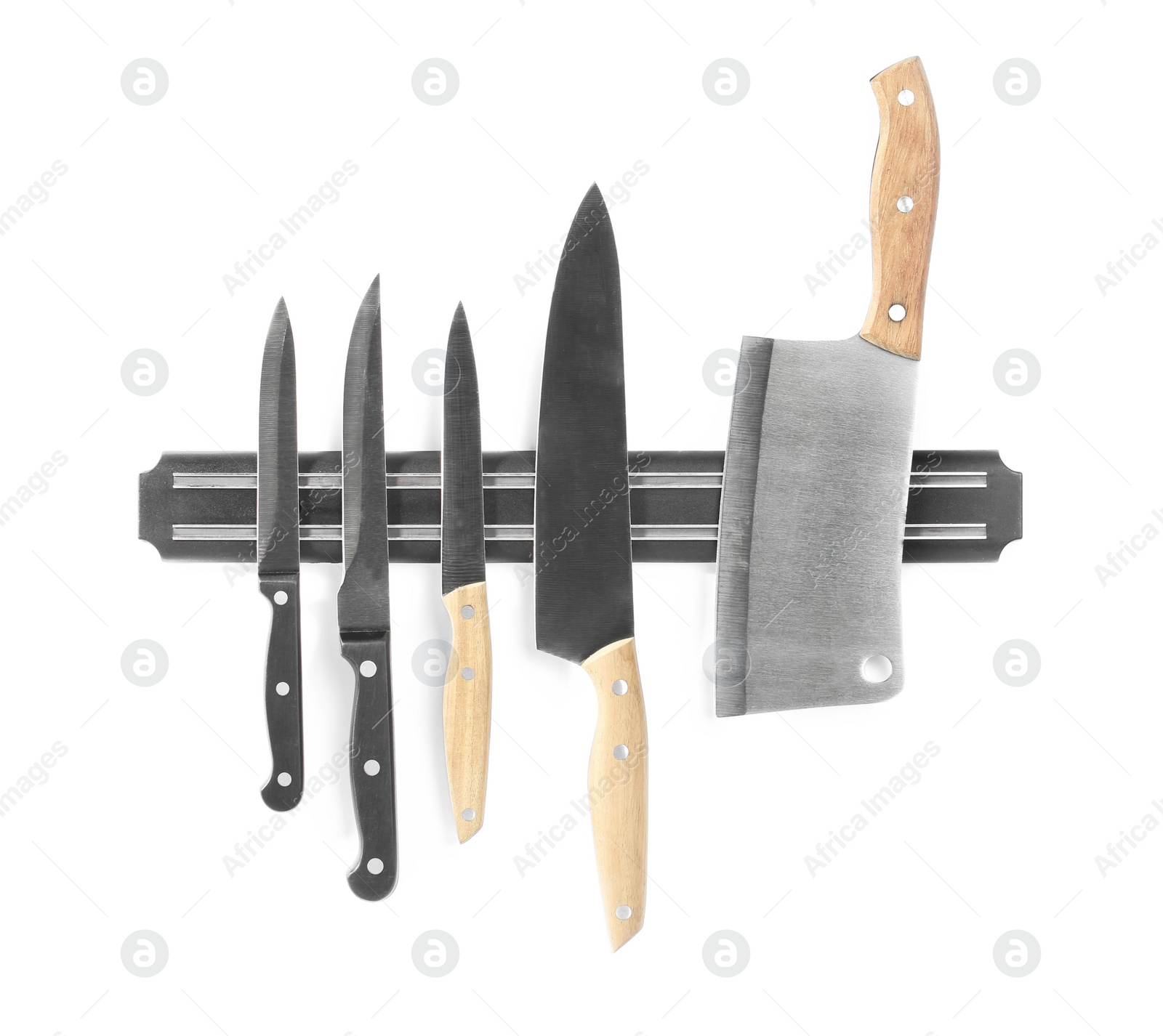 Photo of Magnetic holder with different knives isolated on white