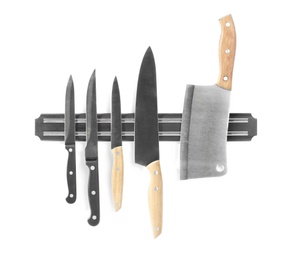Photo of Magnetic holder with different knives isolated on white