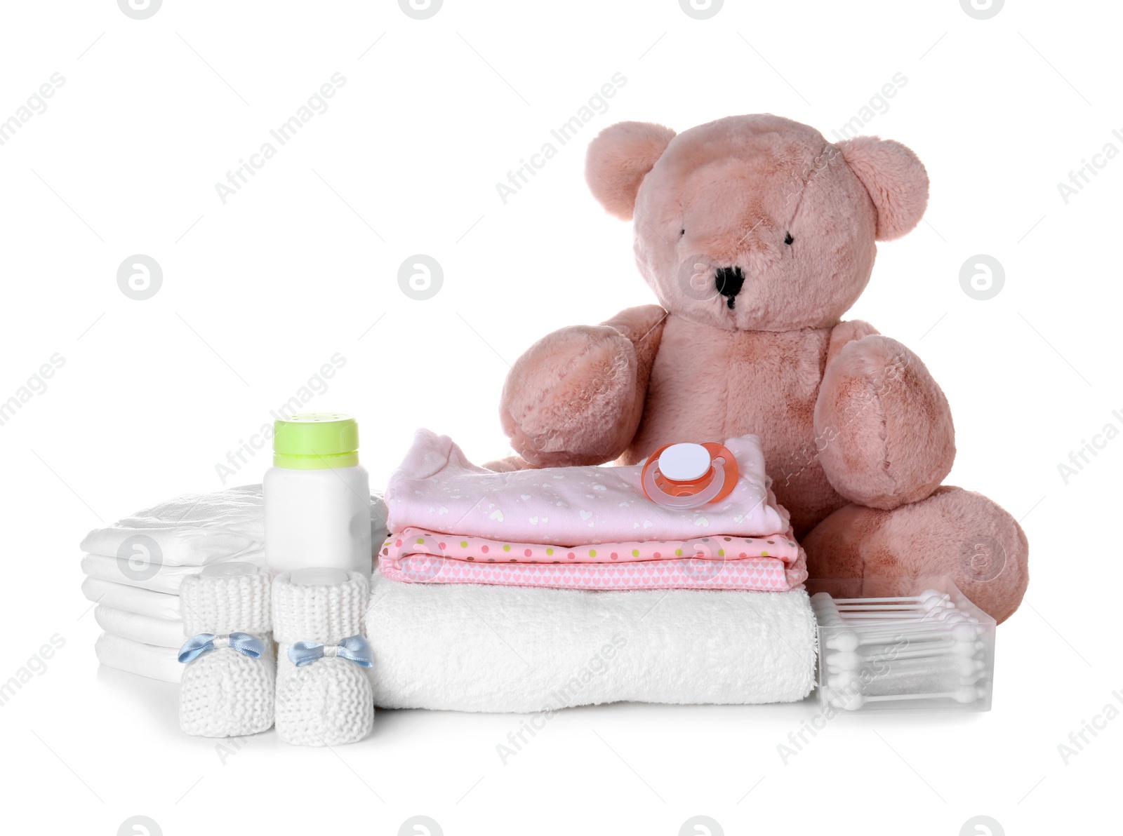 Photo of Set of baby accessories on white background