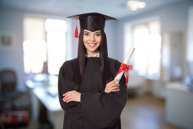 Image of Happy student with graduation hat and diploma indoors