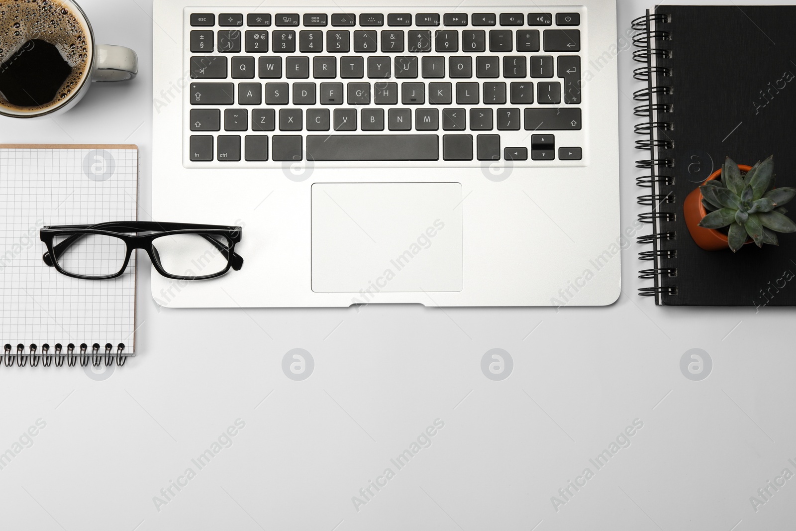 Photo of Modern laptop, notebooks, houseplant, glasses and cup of coffee on white background, flat lay. Space for text