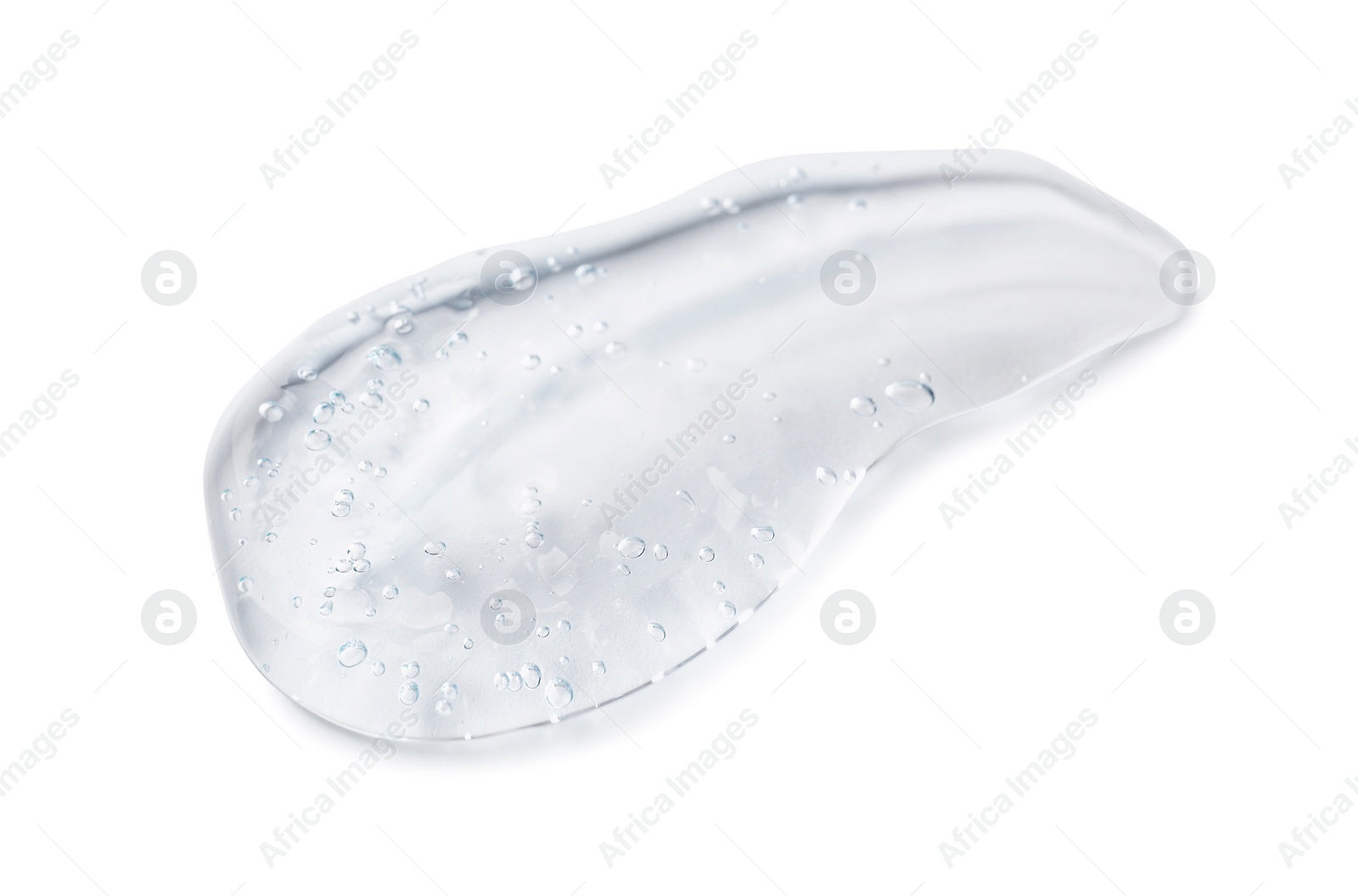 Photo of Sample of transparent shower gel on white background, top view