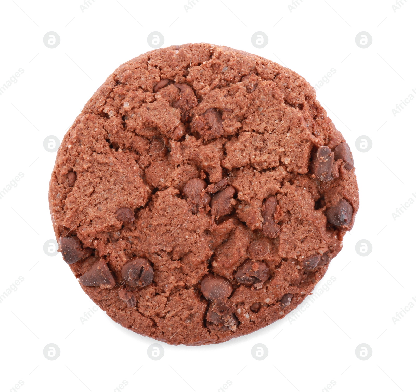 Photo of One delicious chocolate chip cookie isolated on white, top view