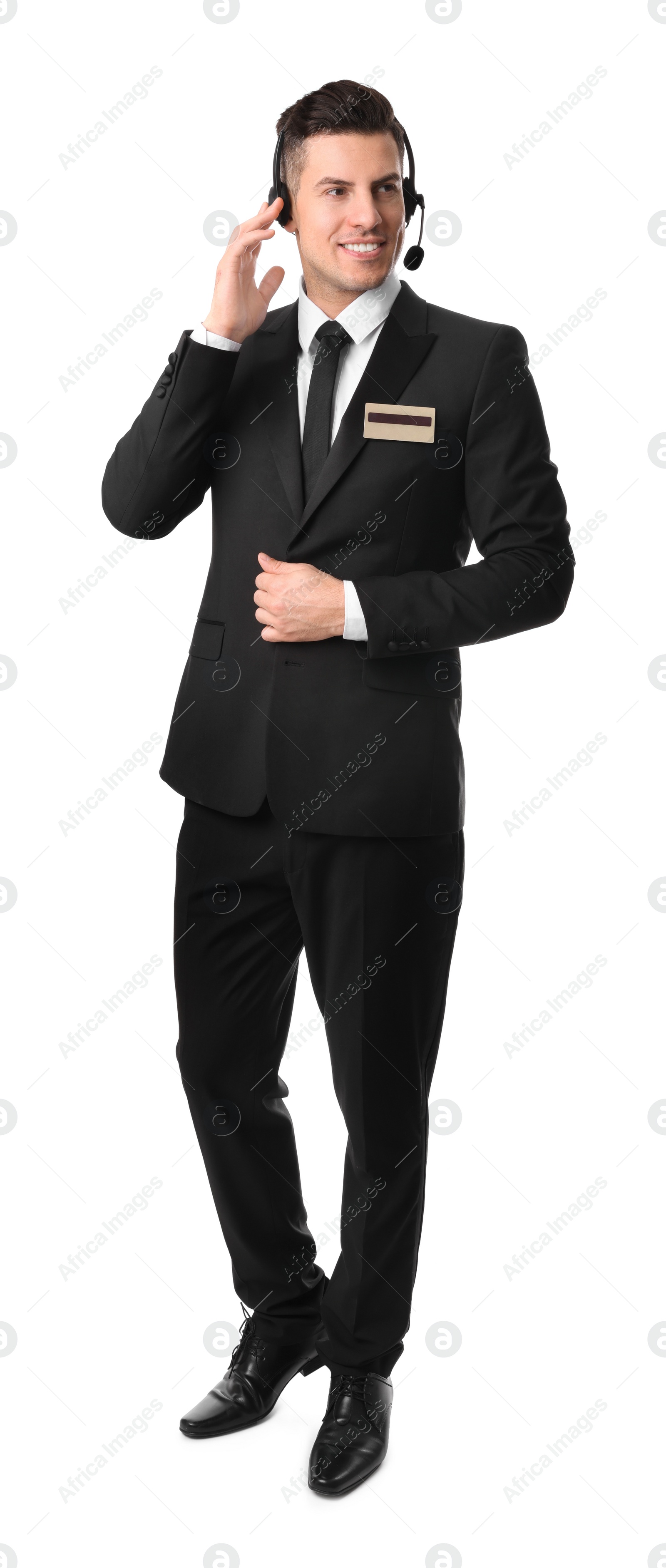 Photo of Portrait of receptionist with headset on white background