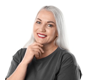 Photo of Smiling woman with perfect teeth on white background