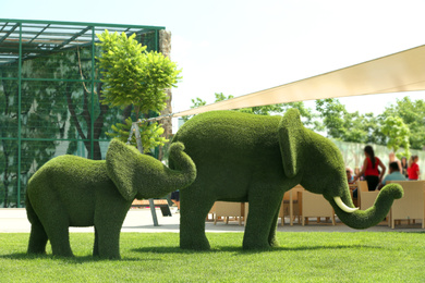 Beautiful elephant shaped topiaries at zoo on sunny day. Landscape gardening