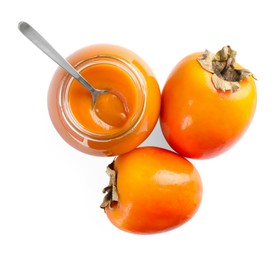 Delicious persimmon jam and fresh fruits isolated on white, top view