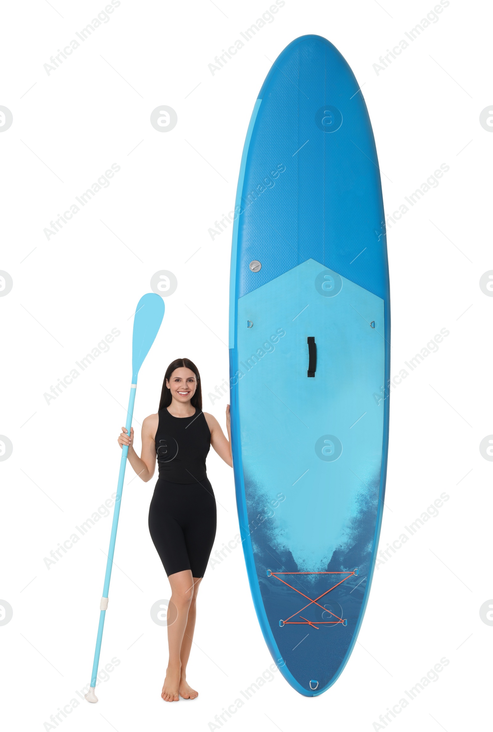 Photo of Happy woman with blue SUP board and paddle on white background